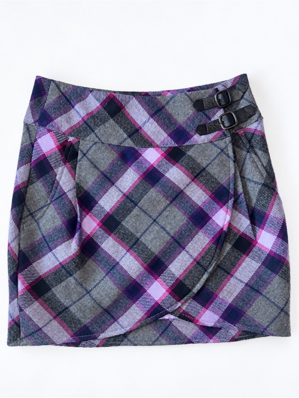 Ted Baker wool Plaid Wrap Mini Skirt in Gray and Purple size 4